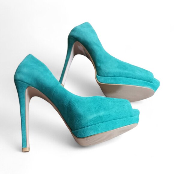 Le Chateau  Teal Suede Platform Peep Toe Stiletto Heels  Size  8 - Picture 8 of 13